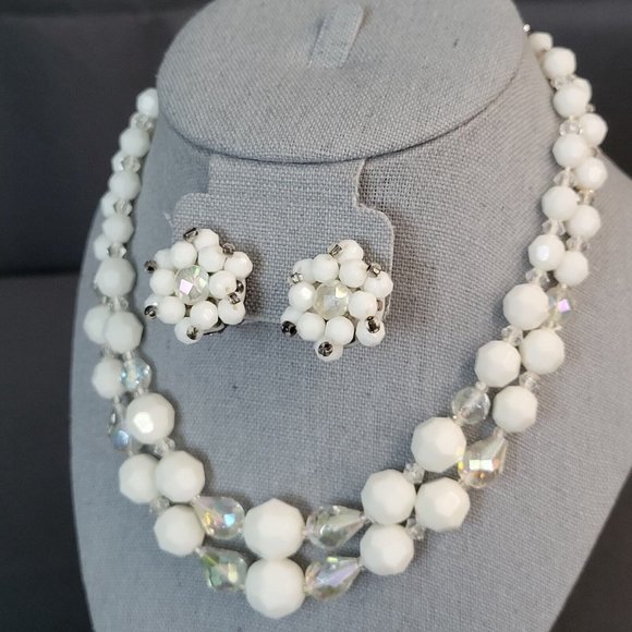 Womens White Beads AB Aurora Borealis Fashion Necklace Earrings Set Germany Made - Picture 3 of 11